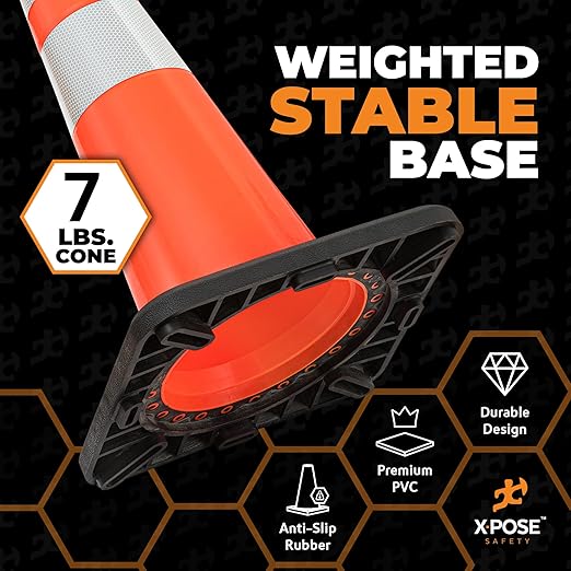 Xpose Safety 28 Inch Orange Slim Line Traffic Cones with 6" & 4" Collars, 6 Pack Multipurpose PVC Plastic Safety Cone for Parking, Soccer, Caution, Kids and Construction - DOT Approved