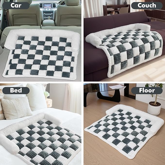 LiveGo Fuzzy Pet Couch Covers for Sofa, Dog Couch Cover Fuzzy Sofa Cover Cream Square Plaid Dog Bed Plush Dog Mat for Furniture Protector for Large Medium Dogs and Cats