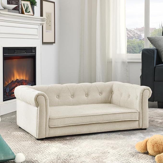 Dog Sofa Couch for Medium to Large Dogs, Memory Foam Dog Couch with Washable Fabric, Removable Cushion, Sofa Bed for Medium and Large Dogs, Beige