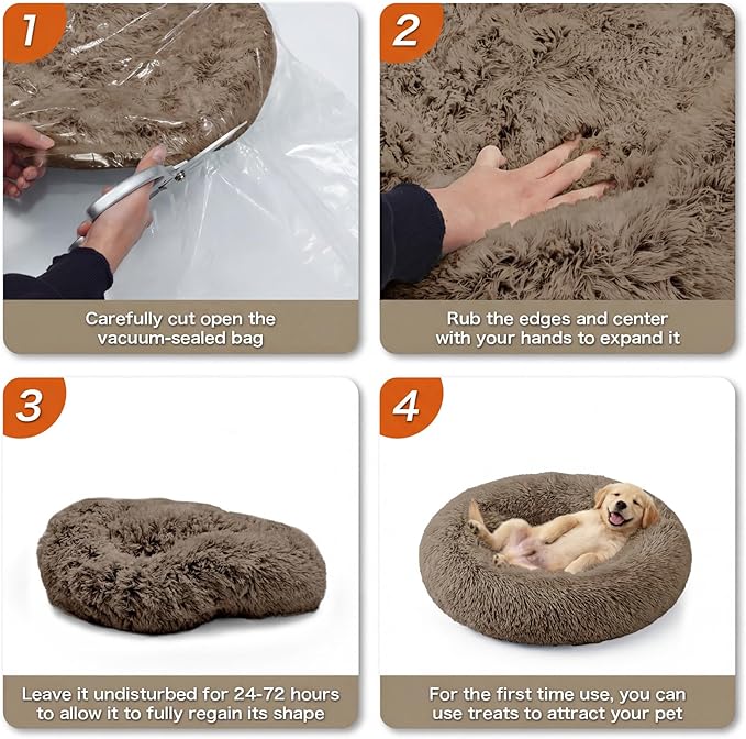Calming Dog Bed, 24" x 24" x 6" Fits Cat & Dog, Anti-Slip Round Washable Faux Fur for Doze Off, Napping Orthopedic, Khaki