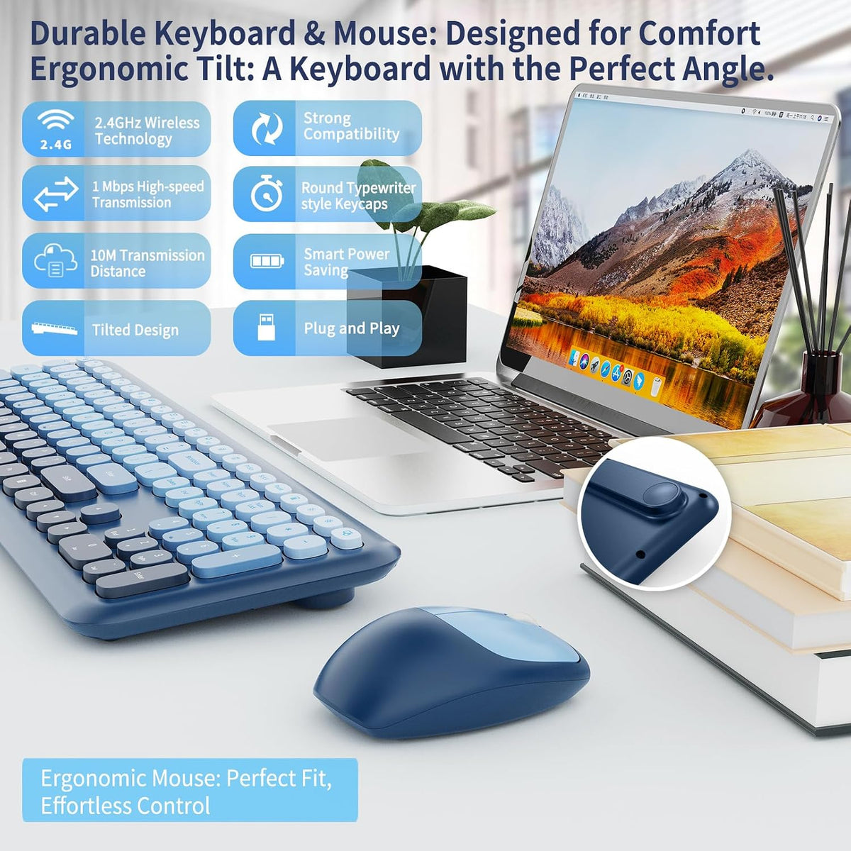 HotFox Blue Wireless Keyboard and Mouse Combo, Retro Typewriter Keyboard