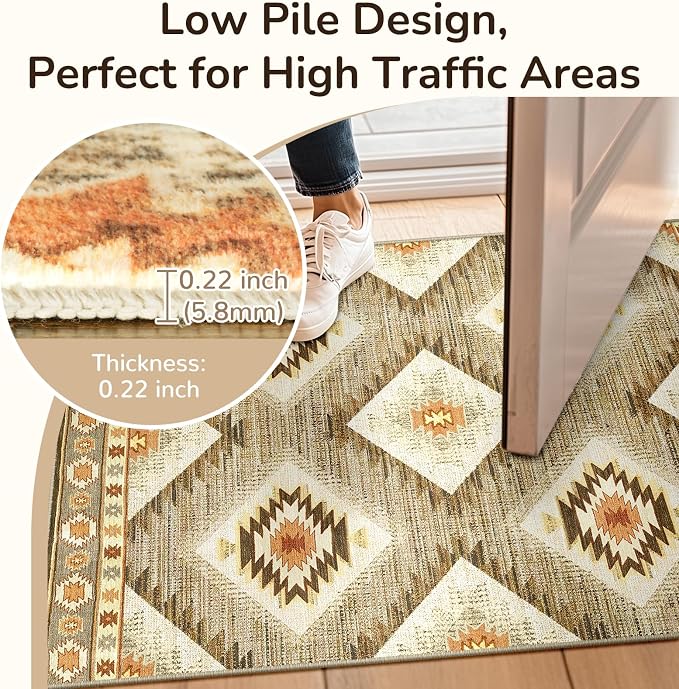 Area Rug 2x8 Rug Machine Washable Non-Slip Low Pile Print Pattern Western Rug