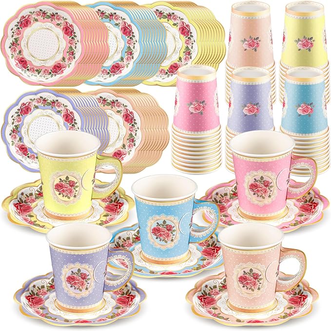 Tioncy 100 Pcs Tea Party Decorations Include 50 Pieces 9 oz Paper Tea Cups