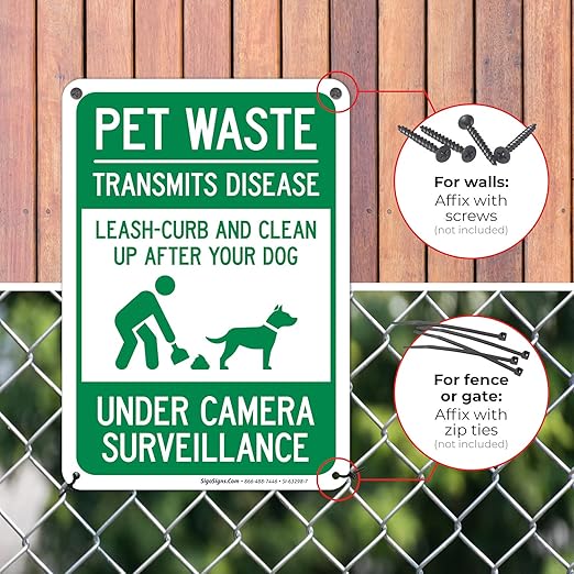 Pet Waste Leash-Curb and Clean Up After Your Dog Under Camera Surveillance Sign, 10x7 Inches, Rust Free .040 Aluminum, Fade Resistant, Made in USA