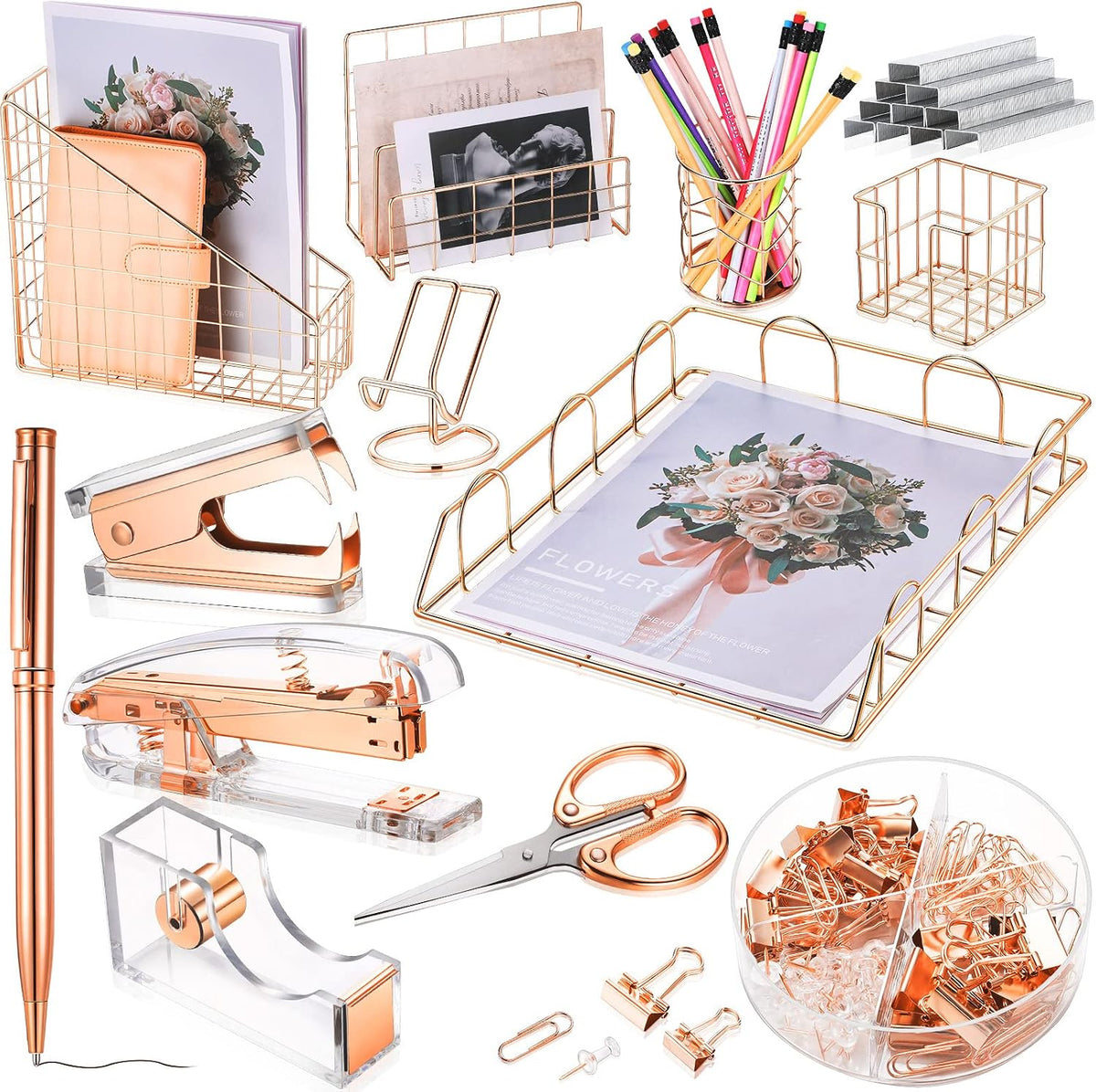 Yaomiao 13 Pcs Desk Accessories Set Organizer Office Supplies, Rose Gold