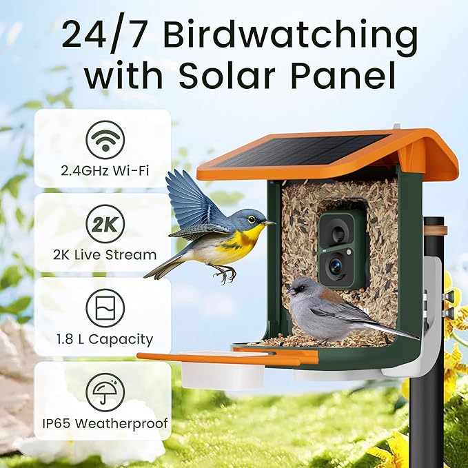 Smart Bird Feeder with Camera, Solar Powered, Free AI Identify Auto Video Capture & 2K HD Video Bird Feeders for Outdoors with SD Card, Gift for Birdlover