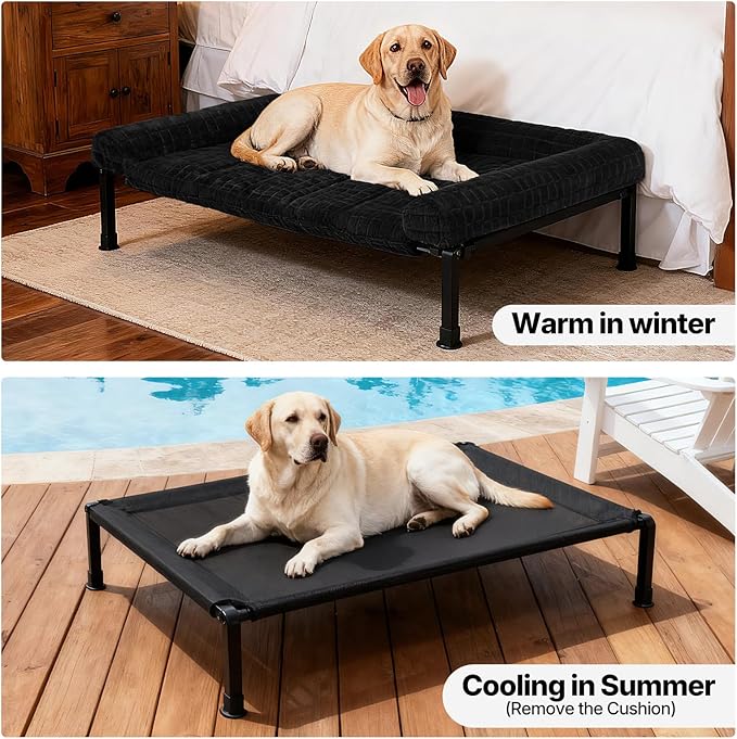 Veehoo Elevated Dog Bed Large Sized with Fluffy Plush Bolster Cushion, Washable Orthopedic Dog Couch Bed, Cooling Raised Pet Cot with Removable Mat, Breathable Mesh, No-Slip Feet, 42x 30 inches, Black