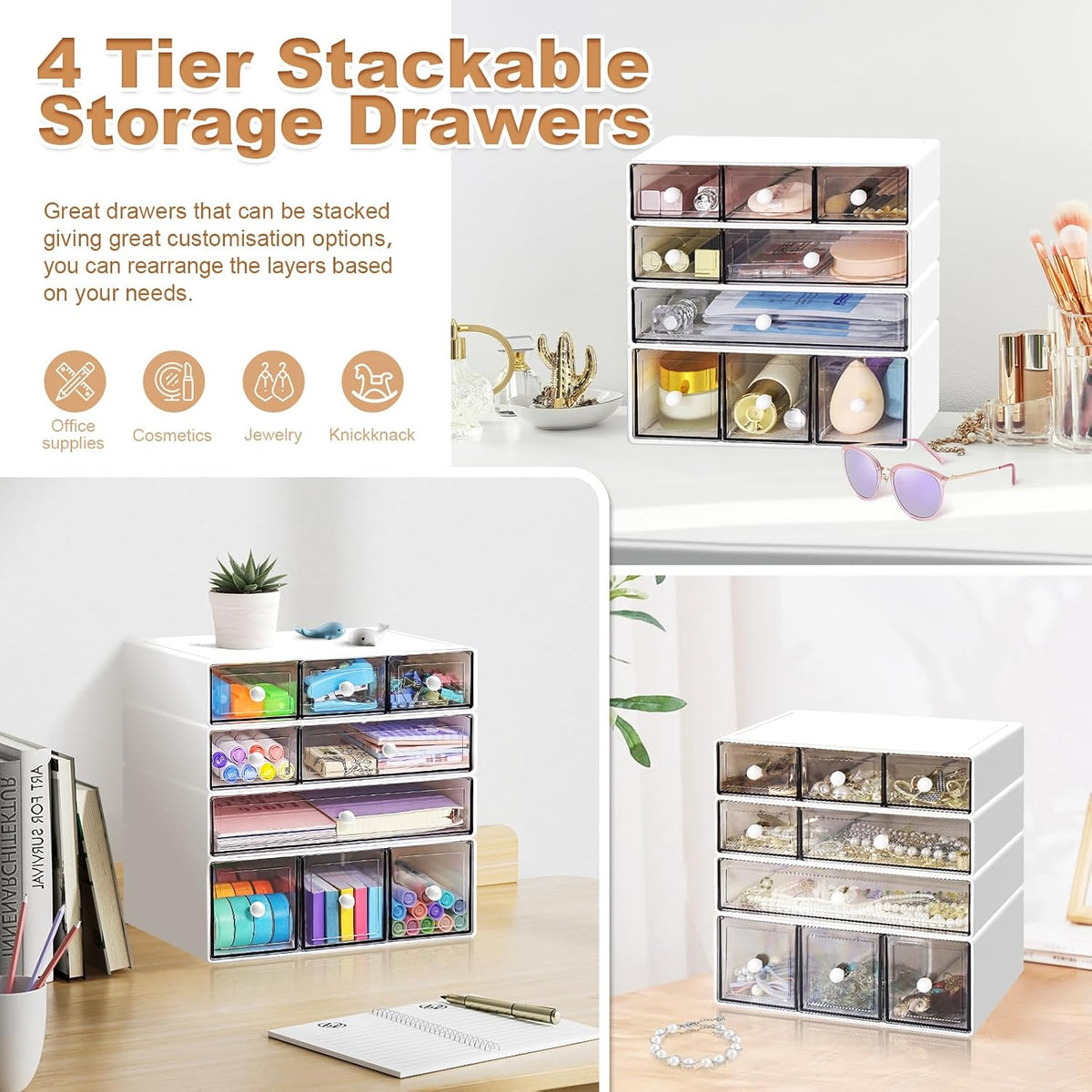 Desk Organizer with 9 Drawers, 4 Tier Plastic Stackable Storage Drawers for Desk Storage, Office Stationary Makeup Organizer Suit for Home, Office and School