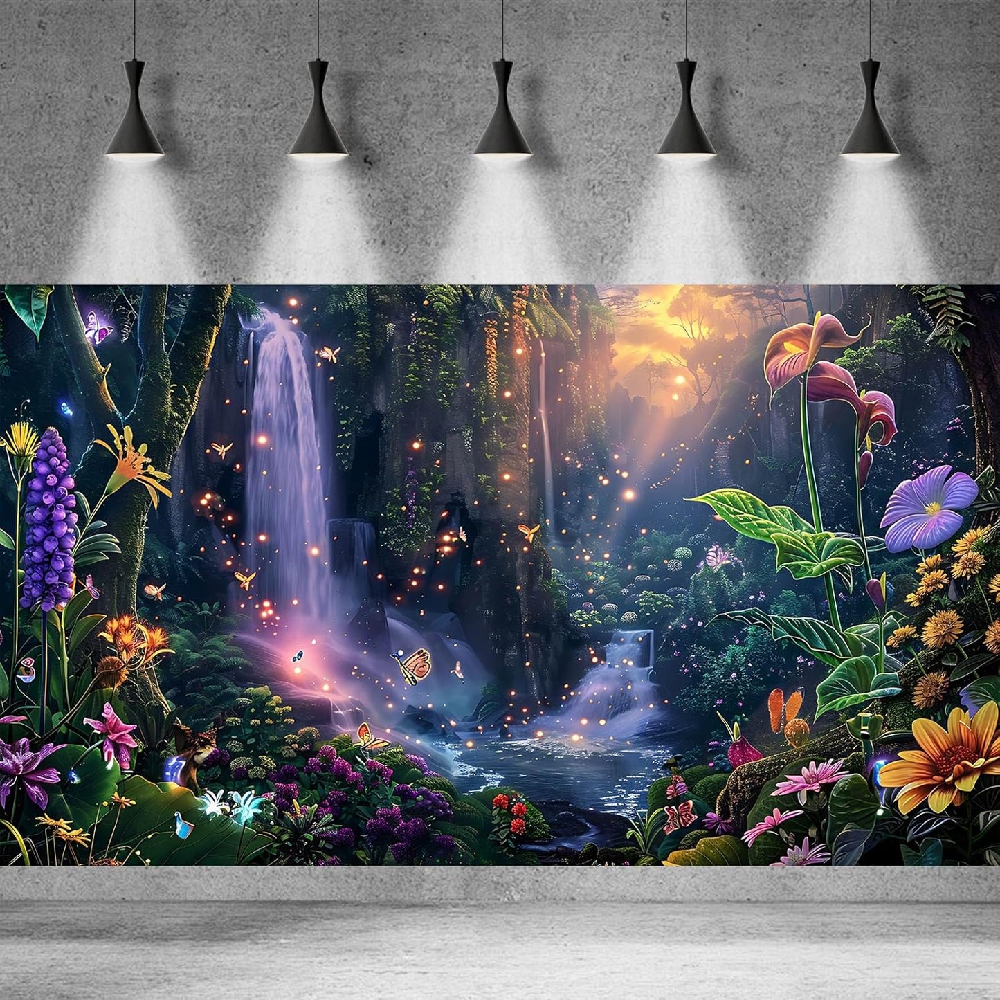 Fantasy Garden Aquarium Background Sunset Waterfall and Flowers Terrarium Backdrop Tropical Forest Lush Plant Magic Butterfly Lights Flowers Fish Tank Background Poster Decorations 48x18in
