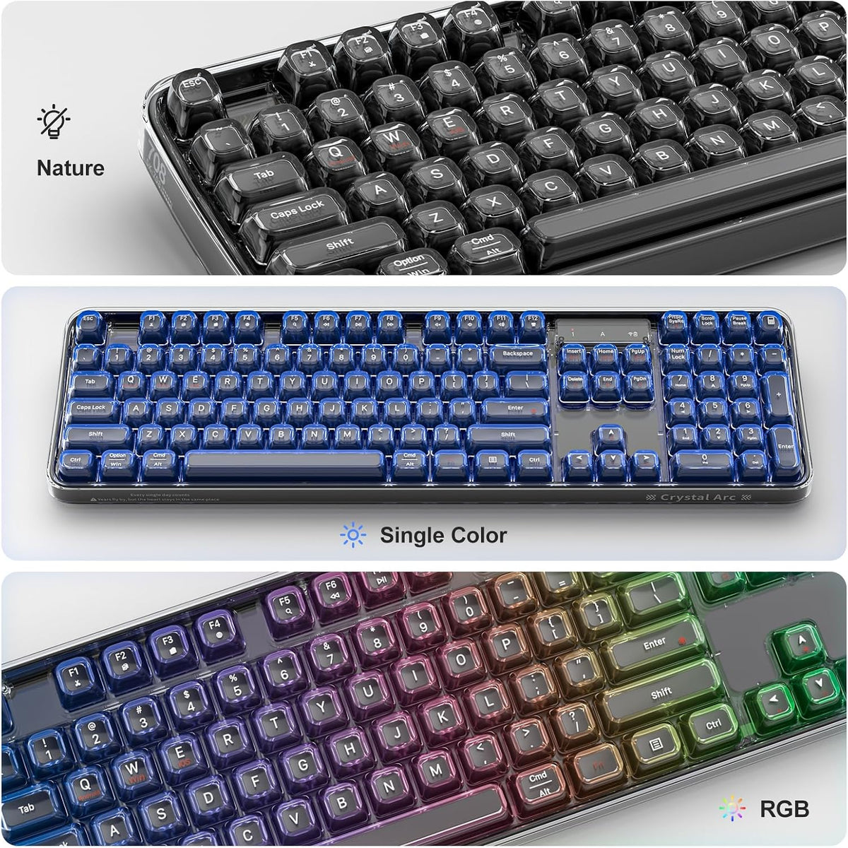 MOFII Tri-Mode Wireless Keyboard, Transparent Full-Size with RGB Backlit, Bluetooth 5.0/2.4G USB/Wired Gaming Keyboard for Windows Mac PC Laptop, Black – Office & Gamers