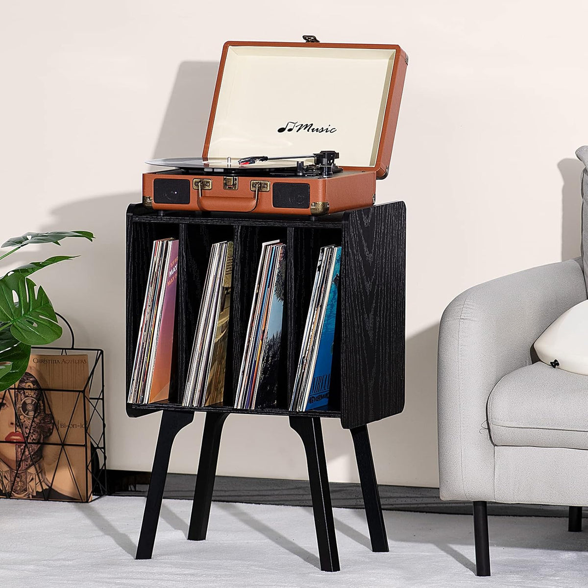 LELELINKY Small Record Player Stand, 4 Cabinet Vinyl Storage Table, Black