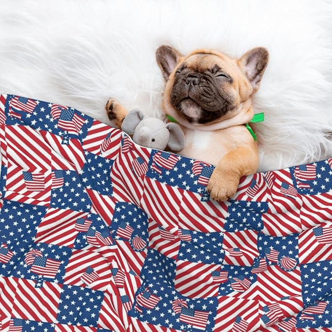 Reversible Pet Blanket for Easy Cleaning Maintenance, American Flag Plaid Pattern, Double Sided Plush Dot Design Means Double Use Between Washes for Convenience