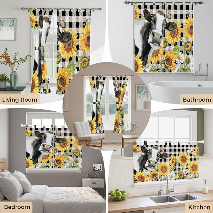 Retro Sunflowers Bedroom Curtains 72 Inch Length, Window Curtains Tab Top