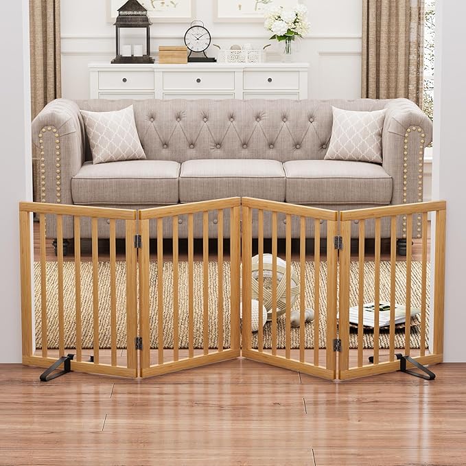 Natural 37-74" Wide Dog Gate for Stair, Bamboo Dog Gates for The House Doorways, Freestanding Pet Gates for Dogs, Doogie Puppy Fence Gate