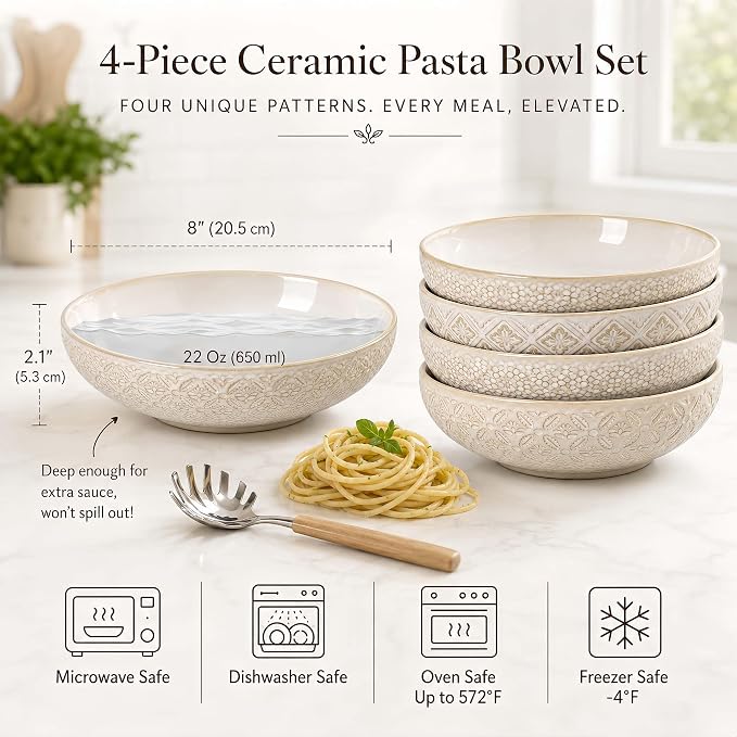 8 inch Pasta Bowls Set of 4, 22 Oz Ceramic Serving Bowls, Large Porcelain