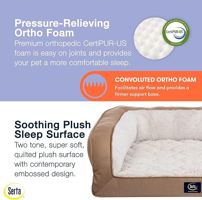 Serta Orthopedic Quilted Couch Dog Bed for Pets – Desert Sand (Small)