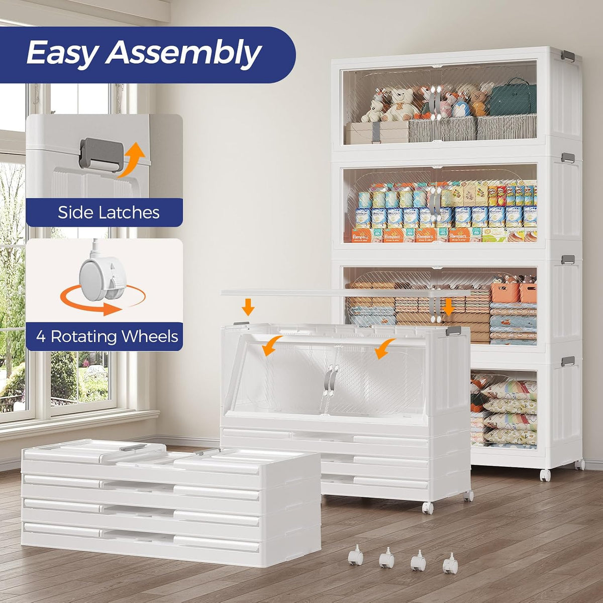 800QT Extra Large Stackable Storage Bins with Lid, 200Gal Plastic Closet Organizers and Storage Drawer, Collapsible Cabinet Box with Wheels Clear Doors for Home Kitchen Office, 5Pack White