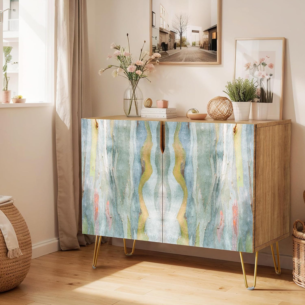 SIGNWIN Sideboard Buffet Cabinet, Kitchen Storage Cabinet with 2 Doors, Vibrant Blue Colorful Marble Pattern, Cupboard Console Table for Dining Room - 35" L x 18" W x 29" H