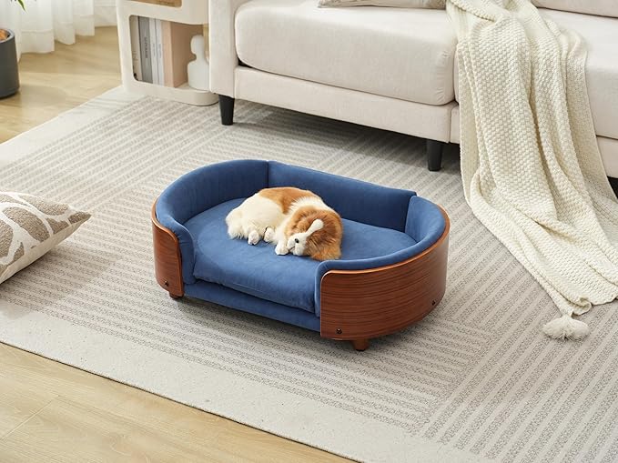 Scandinavian Style Elevated Dog Bed with Solid Wood Frame, Orthopedic Pet Sofa with Removable Washable Cover, Small Size Pet Furniture (Dark Blue + Brown)