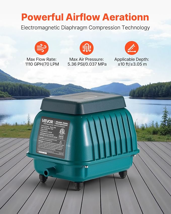 VEVOR Linear Air Pump 1110 GPH | Pond Aerator & Septic Tank Pump