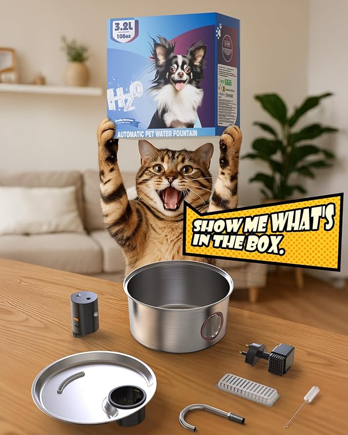 Wireless Cat Water Fountain Stainless Steel, Cordless Automatic Pet Water Dispenser for Cats Indoor, Small Dogs, 108oz/3.2L Rechargeable Pet Drinking Fountain with Motion Sensor