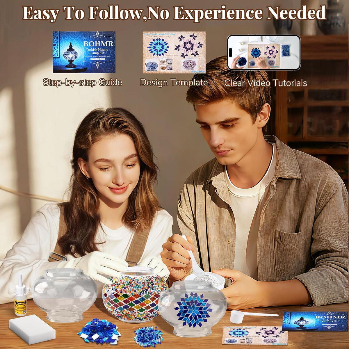 DIY Turkish Mosaic Lamp Kit, 3 Globe Table Lamp Making Kit, Colorful