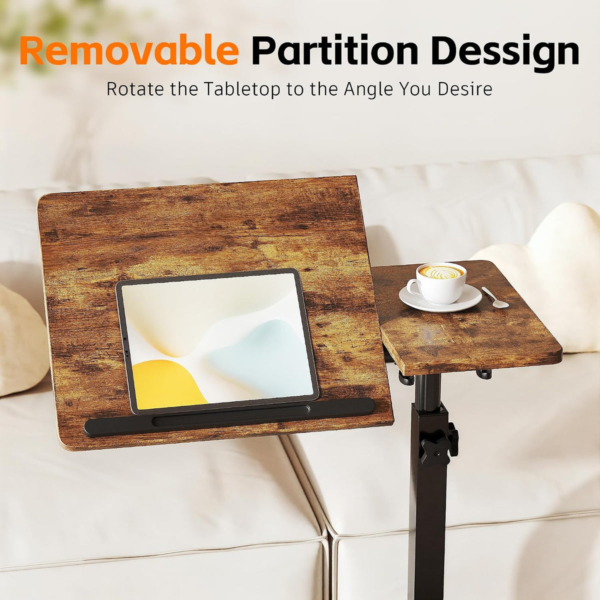 Adjustable Overbed Table with Wheels, Bedside Laptop Desk, Brown