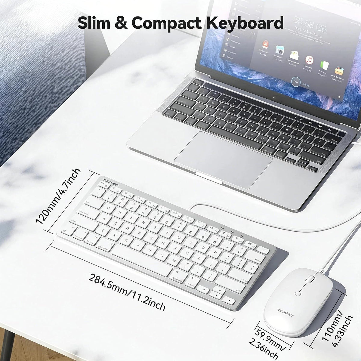TECKNET USB Wired Keyboard and Mouse for Mac, USB-C/A, Quiet, Slim, White