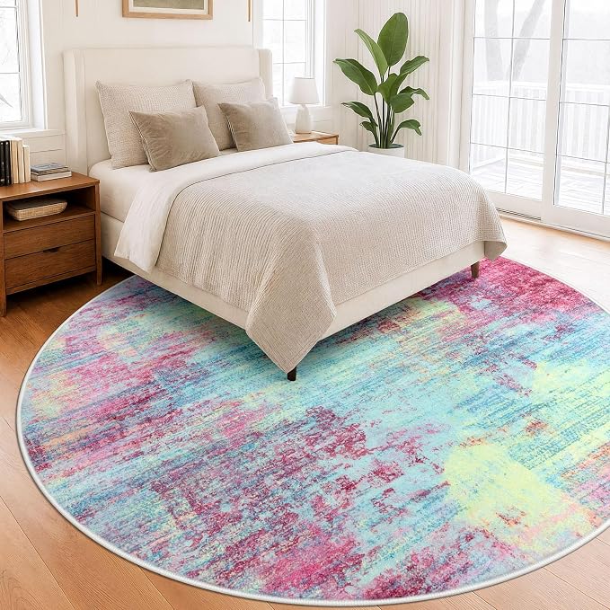 IOHOUZE Abstract Round Area Rug 8 Ft Washable Circle Rugs Large Round Rug Non