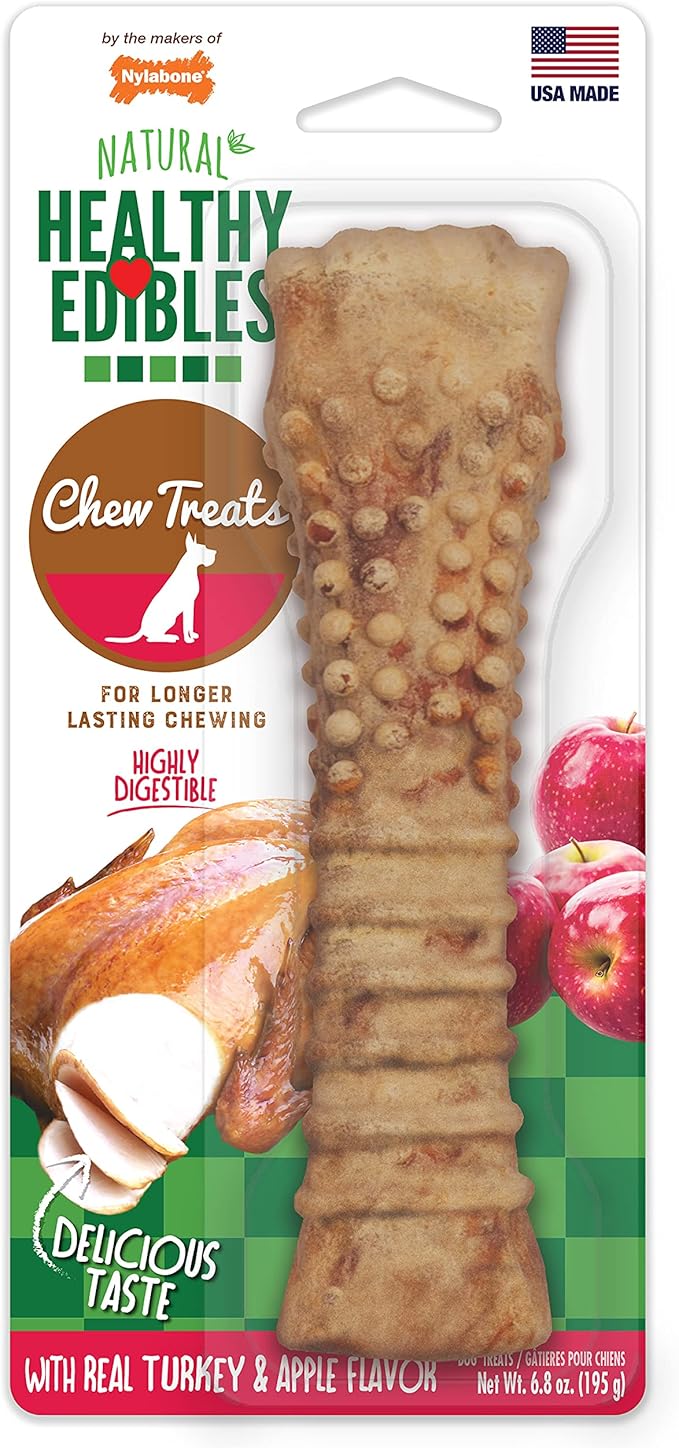 Nylabone Healthy Edibles Natural Dog Chews, Long Lasting Bones for Dogs, Turkey & Apple Dog Treats, X-Large (1 Count)