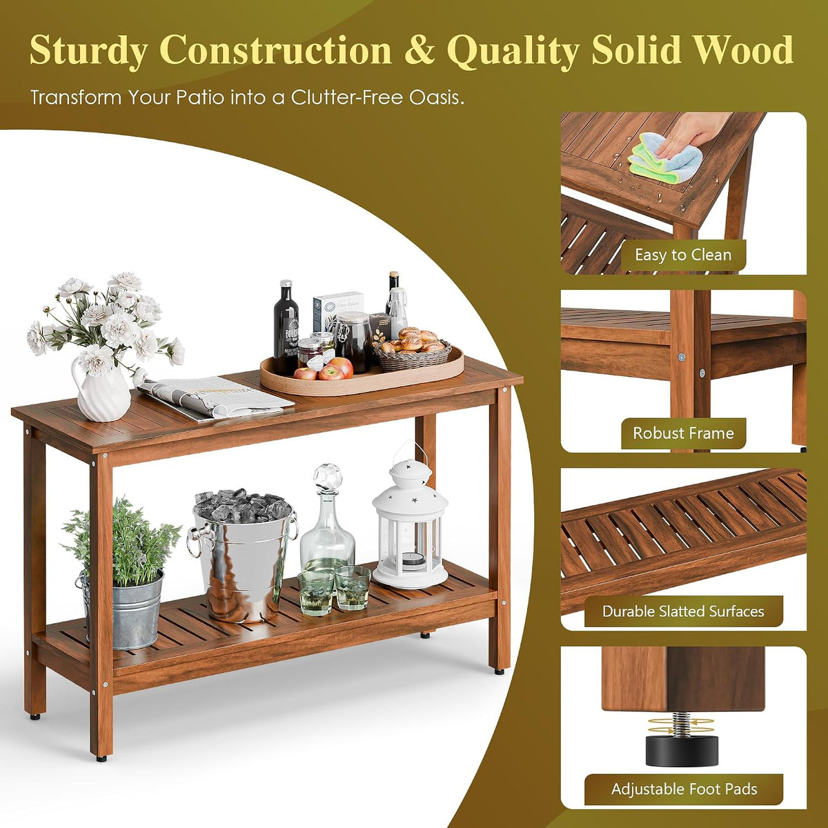 SUPER DEAL 2-Tier Solid Wood Side Table, Outdoor Console Table with Storage Shelf, Adjustable Feet Buffet Bar Organizer for Patio Porch, All-Weather, Natural