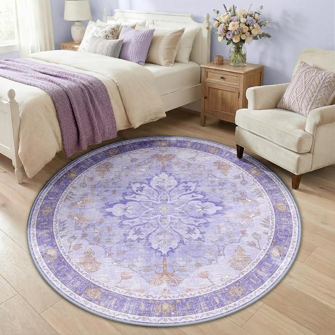 RELEANY Area Rugs Round 5ft Washable Non-Slip, Floral Vintage Distress