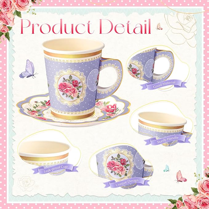 Tioncy 100 Pcs Tea Party Decorations Include 50 Pieces 9 oz Paper Tea Cups