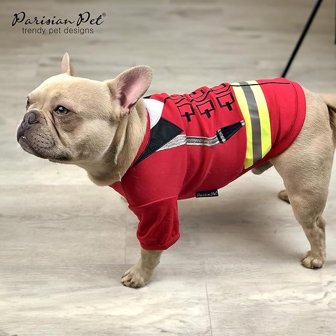 Parisian Pet Embroidered Dog Firefighter Costume - 100% Cotton and Polyester - Sleeved Pet Shirt - Red - 2XL