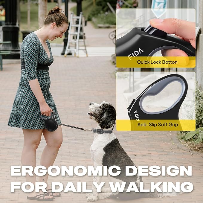 Fida Retractable Dog Leash Large Breed, Heavy Duty 16 ft Dog Walking Leash, up to 110 lbs, 360° Tangle Free, Black