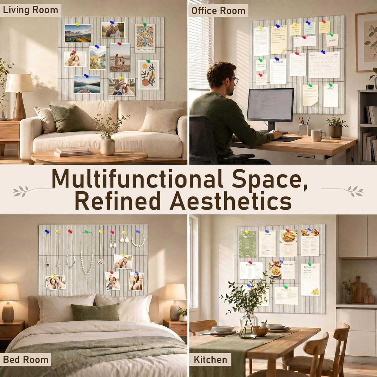 Large Felt Bulletin Board 48" x 36" Cork Board Alternative-12 Pack with 70 Safe Removable Adhesive Tabs, 35 Pushpins Notice Board for Walls Home Office Classroom Pin Board -Oatmeal