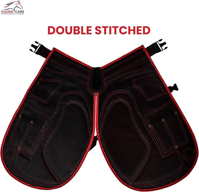 Equine Care Farrier Apron Chaps 2mm Cowhide Leather, 500 GSM Canvas, Air-Mesh, 25" Length, Adjustable Waist (28"-52"), Ergonomic Foam-Padded Thigh & Back Support, 4 Knife Pockets, 2 Nail Magnets.