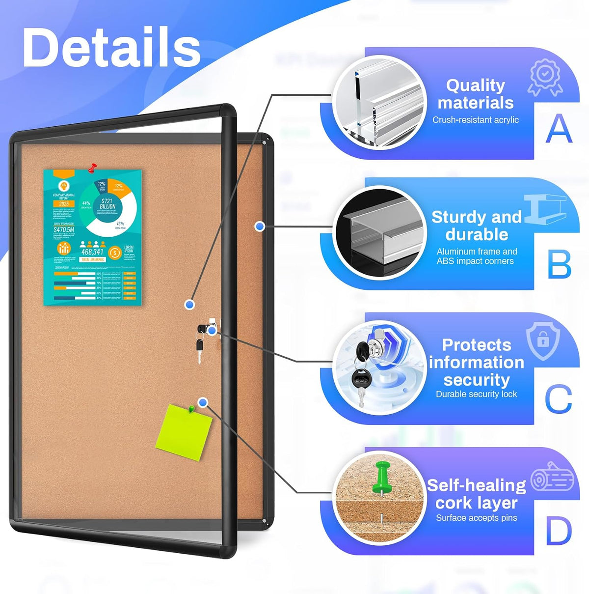 Magula 36"x24" Enclosed Bulletin Board Tamper-Proof Dispaly Case, Black Aluminium Frame, Shatter Resistant Lockable Bulletin Board, Enclosed Cork Board for School, Office,Commercial,Hospital etc