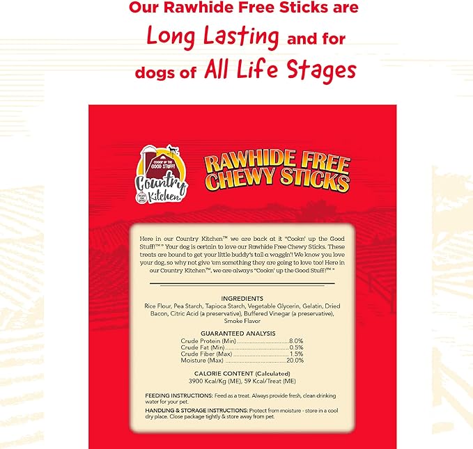Country Kitchen Rawhide Free Chewy Stick Dog Treats, Bacon Flavor, Made in The USA, 24 Count