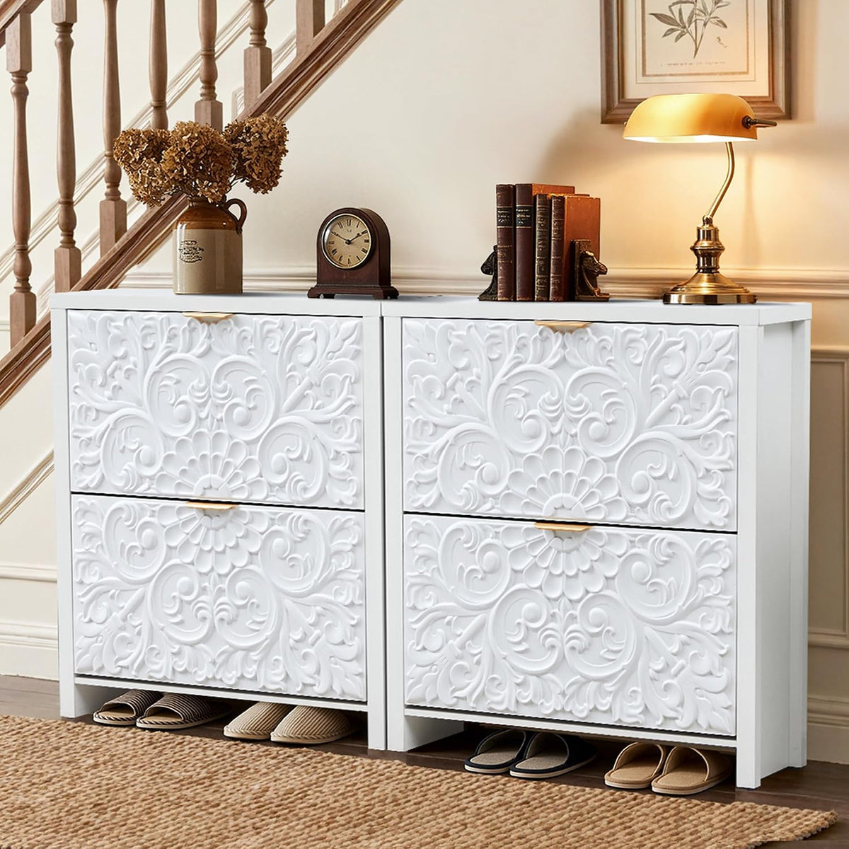 weselon Shoe Cabinet with Flip Drawers, Narrow Shoe Storage Cabinet, 2-Tier Hidden Shoe Organizer with Floral Embossed for Entryway, Mid-Century Modern Slim Shoes Storage for Hallway Foyer (1, White)
