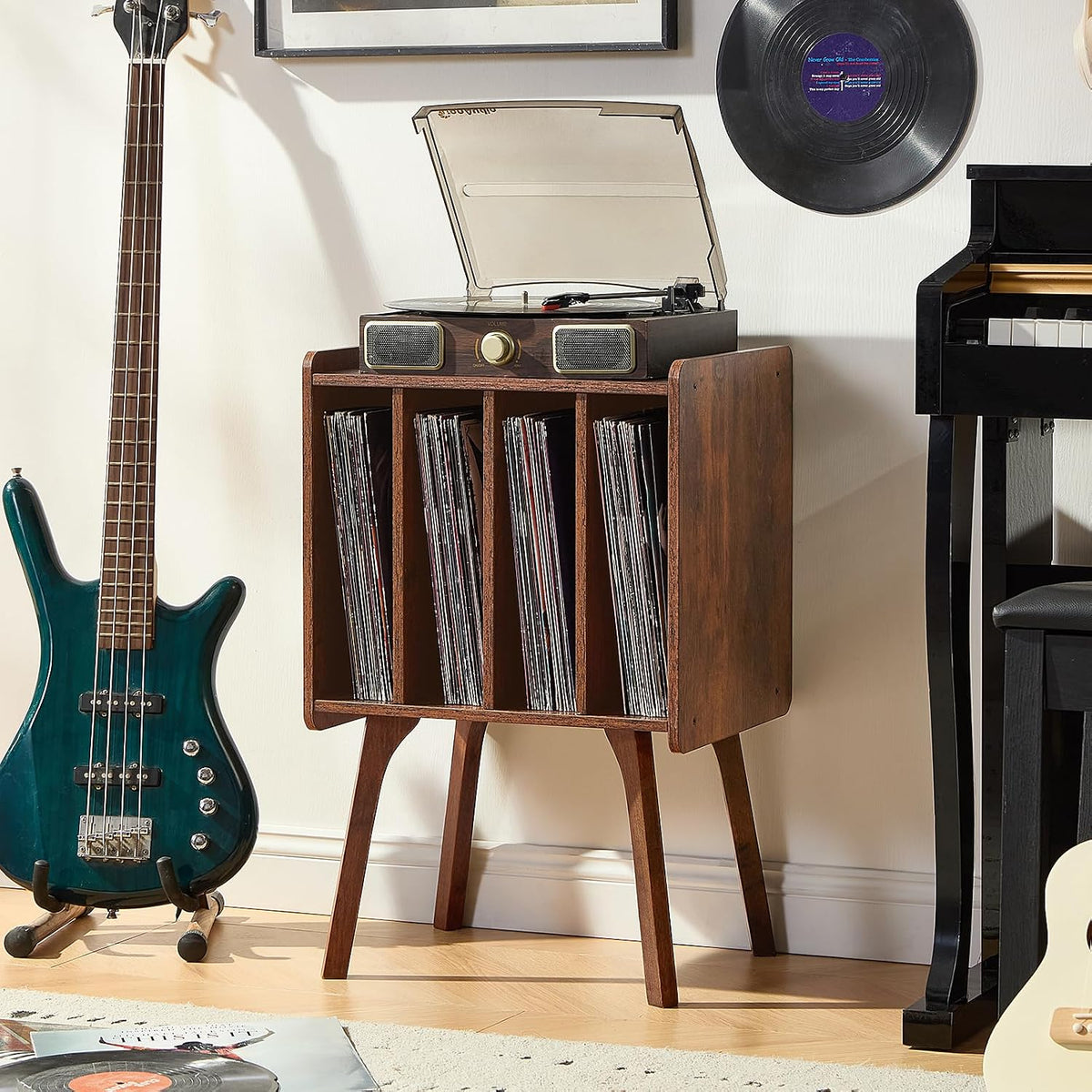 LELELINKY Rustic Brown LP Record Player Stand, Vinyl Record Storage Table