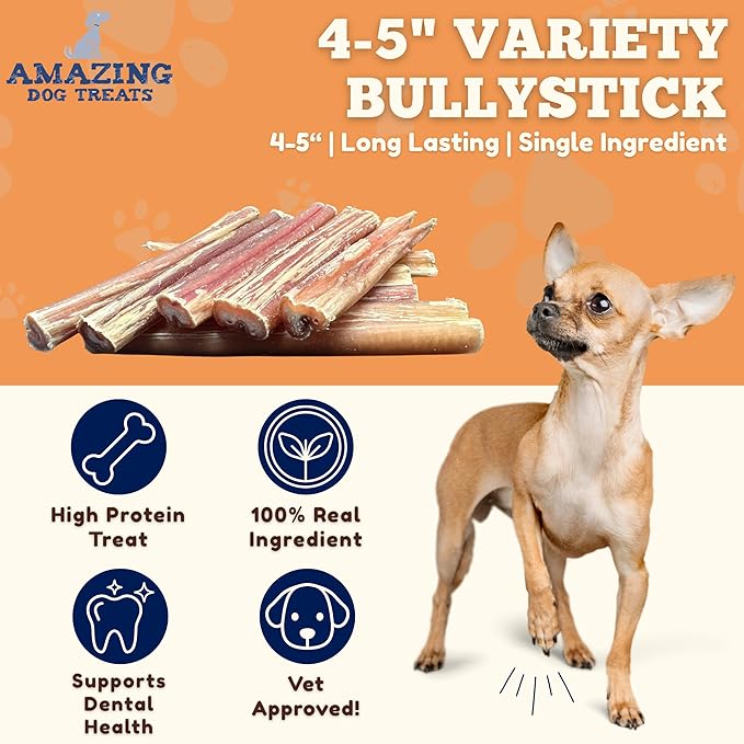 Amazing Dog Treats - 4-6 Inch Variety Bully Sticks (1 lb) - Premium Dog Chews - All Natural Rawhide Alternative - Long Lasting Dog Treats - No Hide Chew - 100% Beef - Promotes Canine Dental Health