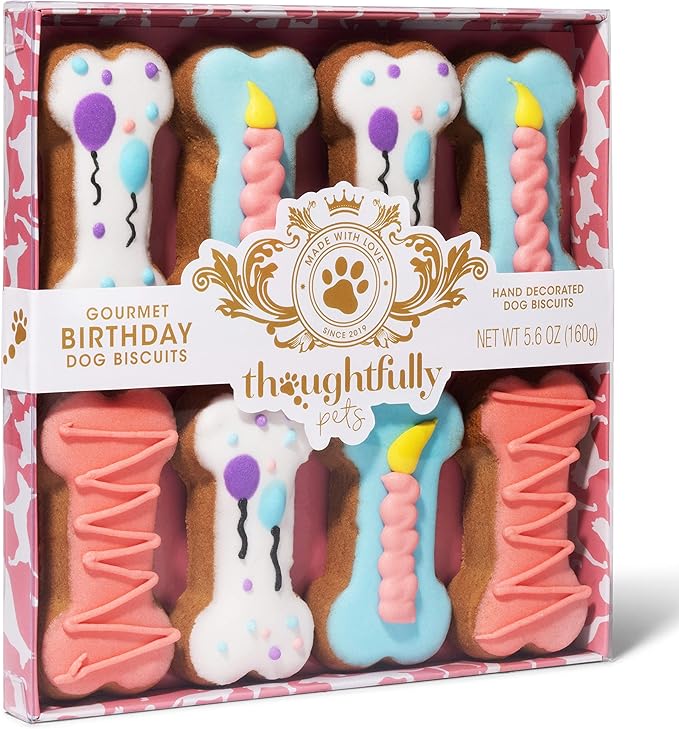 Thoughtfully Pets, Pink Dog Birthday Cookie Gift Set, Hand Decorated Crunchy Dog Treats in Bone Shapes, Great for Birthdays, Set of 8