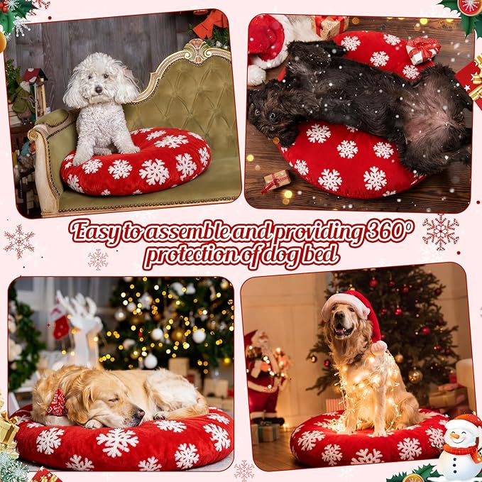 Oudain Dog Bed Cover 30 x 30 x 10 Red Snowflakes Waterproof Round Dog Bed Cover Replacement Washable for Round Dogs Beds Valentine's Day Christmas Winter Decor Scratch Resistant Mattress Protector