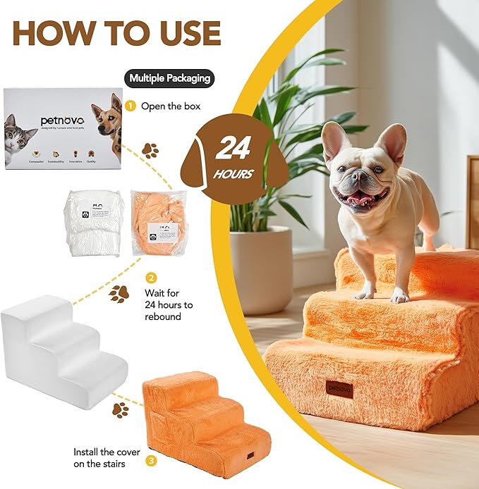 PETNOVO Ultra-Soft Rabbit Fur-Like Dog Stairs for Couch/Bed, Luxury Comfort 2-Step for Small & Senior Dogs, Non-Slip, Removable Washable Cover, Oeko-TEX Certified, 15.7" D x 15.7" Wx 11.8" H, Orange
