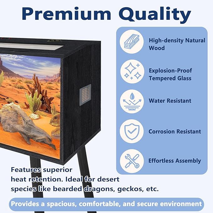 Prolee 80 Gallon Reptile Tank, Tempered Glass Bearded Dragon Tank with Wooden Roof and Lockable Doors, Large Lizard Habitat for Snakes, Iguanas, Chameleons (Black)