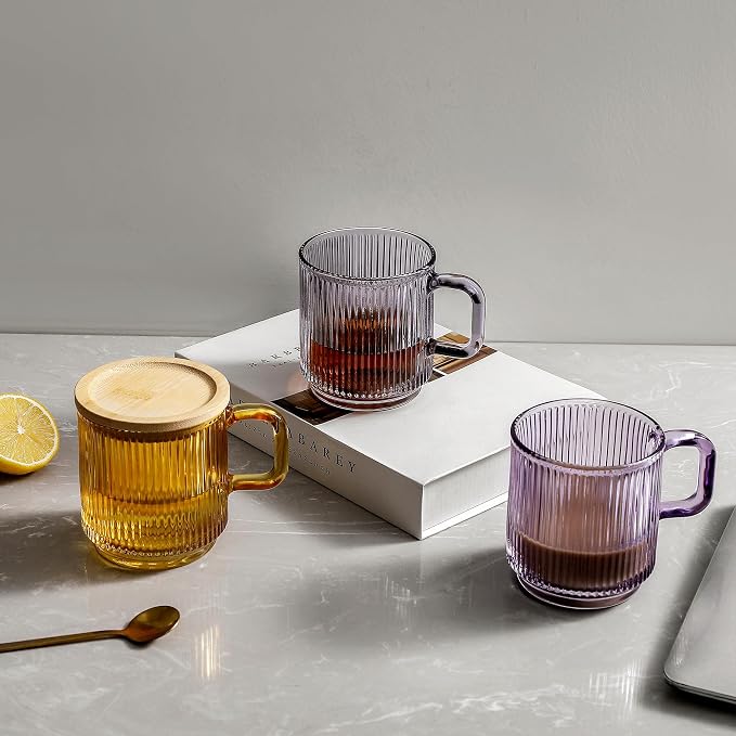 Lysenn Purple Glass Mug with Lid, Premium Glass Coffee Mug, 12 oz Tea Cup |