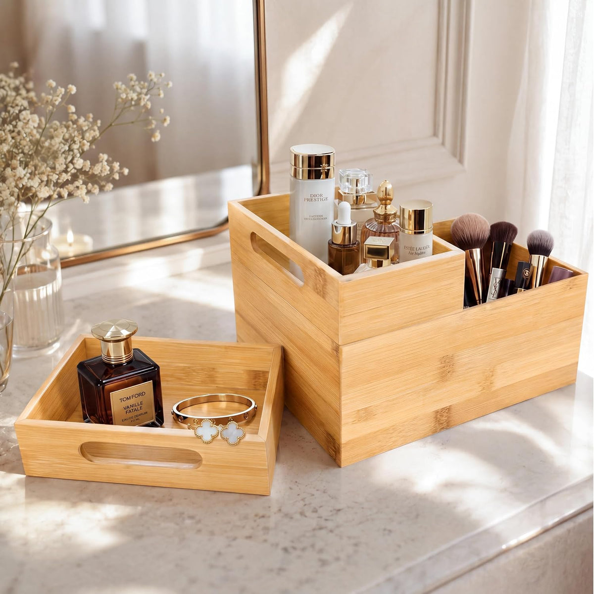 HOMESTEAD 3-Piece Stackable Bamboo Storage Box, Large Storage Bin, Wooden Boxes for Makeup Drawer Organizer Bathroom, Office Supplies, Kitchen Utensils, Bamboo Storage Containers (Medium)