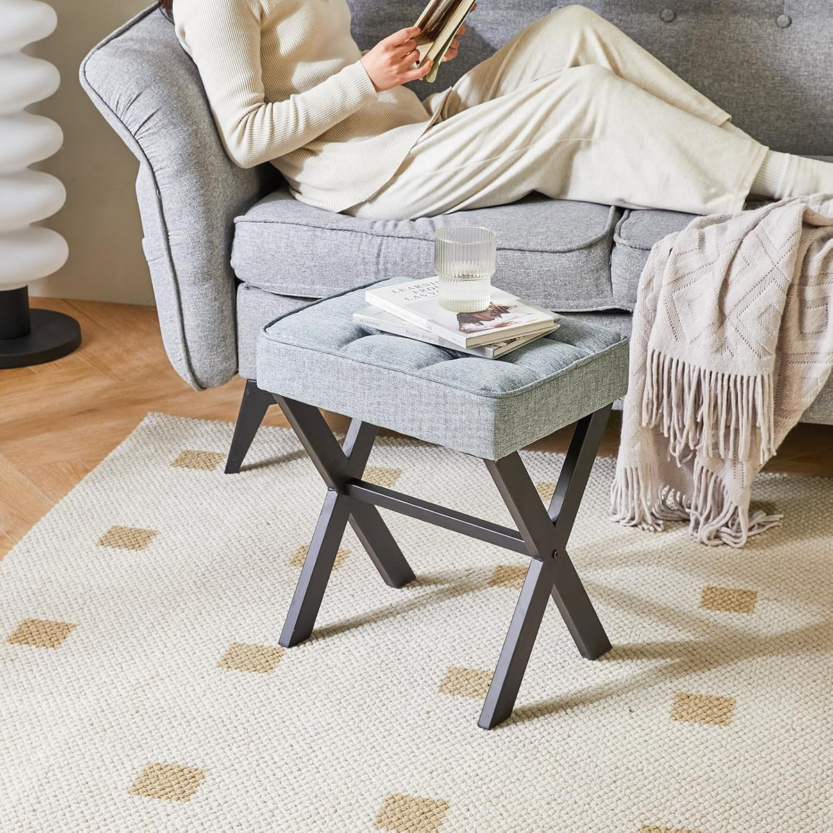 IBUYKE Square Makeup Stool with X-Leg, Linen Vanity Chair, Blue Gray LG-70L