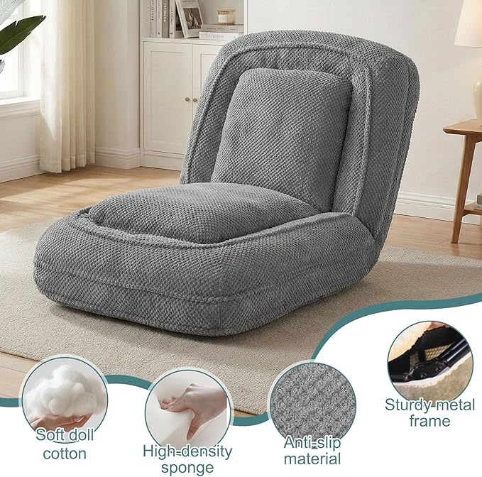 Human Dog Bed for Adults & Pets, 5-Position Adjustable Floor Chair, Convertible Lazy Sofa Bed with Metal Frame & 2 Pillows, Plush Gaming Lounge for Living Room Bedroom Office (Gray)